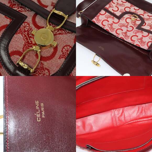 CELINE C Sulky Shoulder Bag Canvas Leather Red Gold - Picture 11 of 12